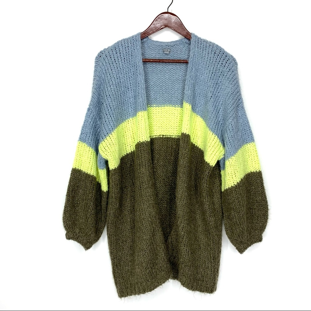 Aerie Wool Mohair Blend Neon Stripe Oversized Open Front Chunky Knit Cardigan